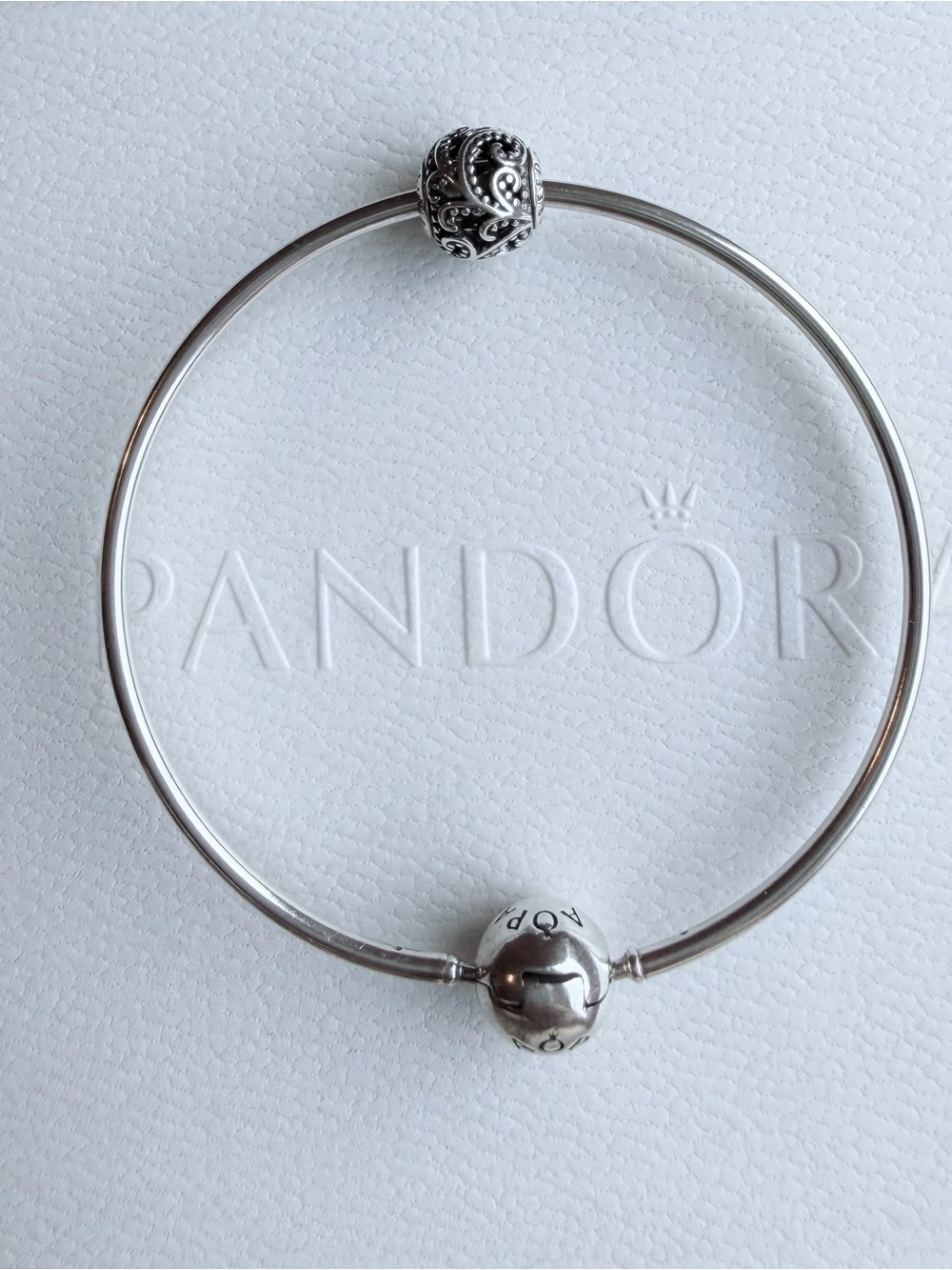 Pandora Essence Collection Silver Bangle Bracelet with Decorative Charm - Silver